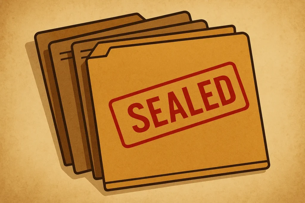 An abstract illustration of closed legal files stamped “Sealed,” representing grand jury secrecy.